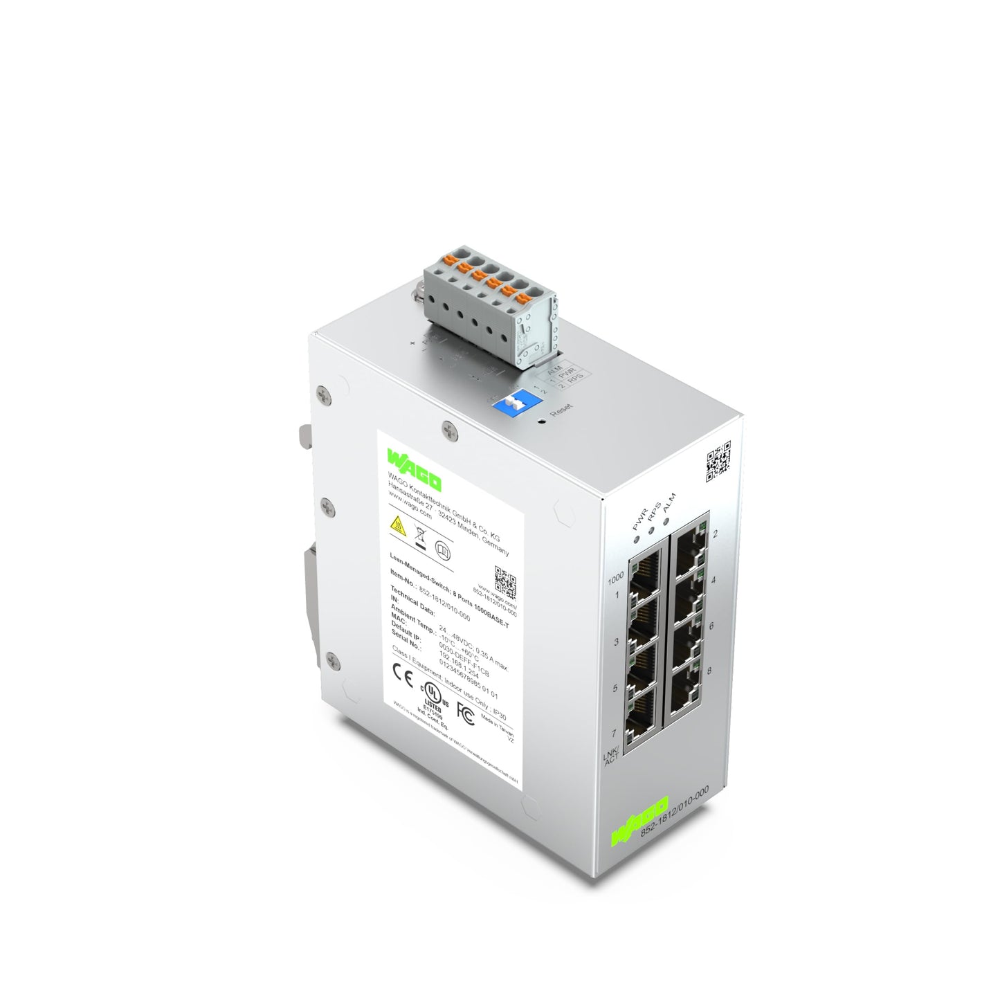 WAGO Industrial Switch 852-1812, with 8 10/100/1000 Mbit/s ETHERNET Ports Autonegotiation and Front-Panel Diagnostic LEDs, Supports up to 8000 Absolute MAC Addresses