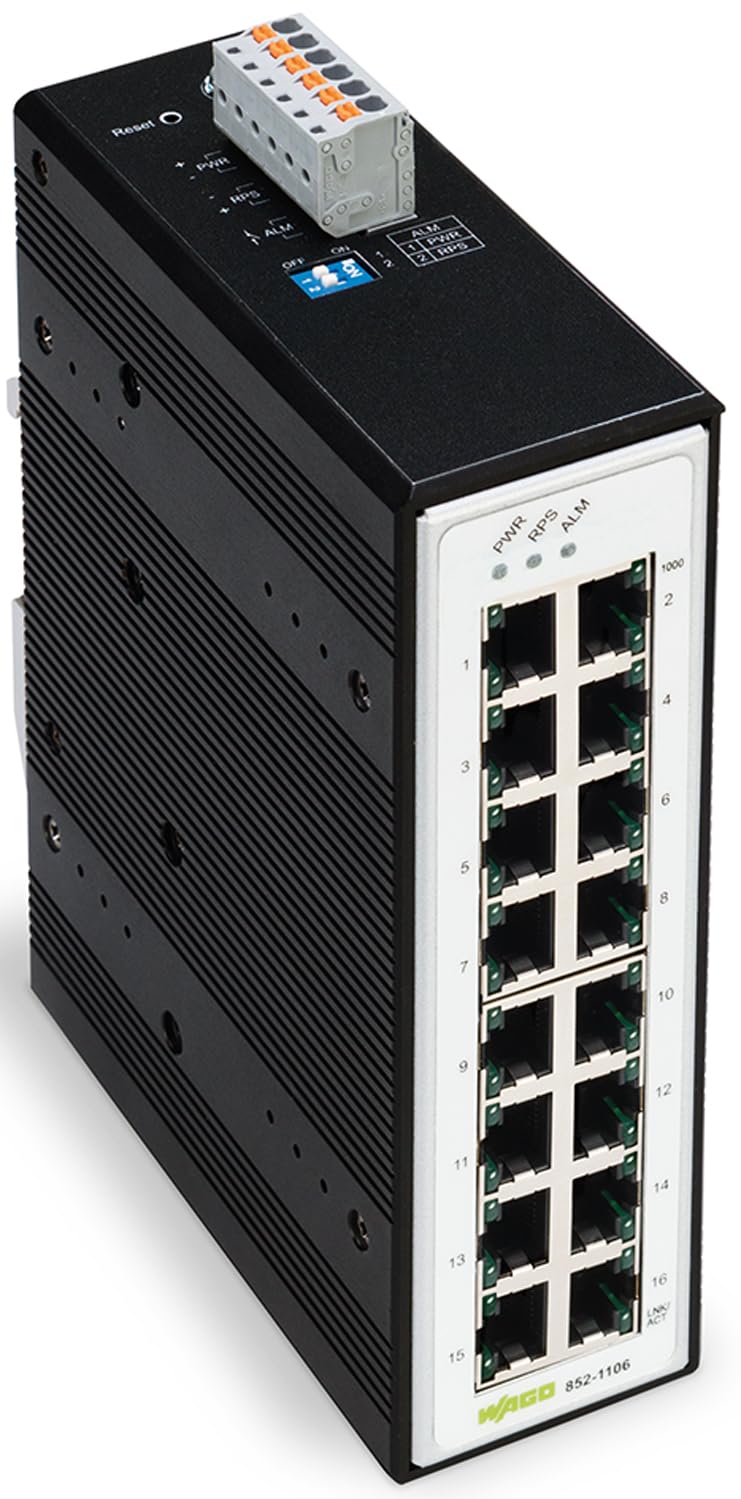 WAGO Industrial Switch 852-1106, with 16 10/100/1000 Mbit/s ETHERNET Ports Autonegotiation and Front-Panel Diagnostic LEDs, Supports up to 8000 Absolute MAC Addresses
