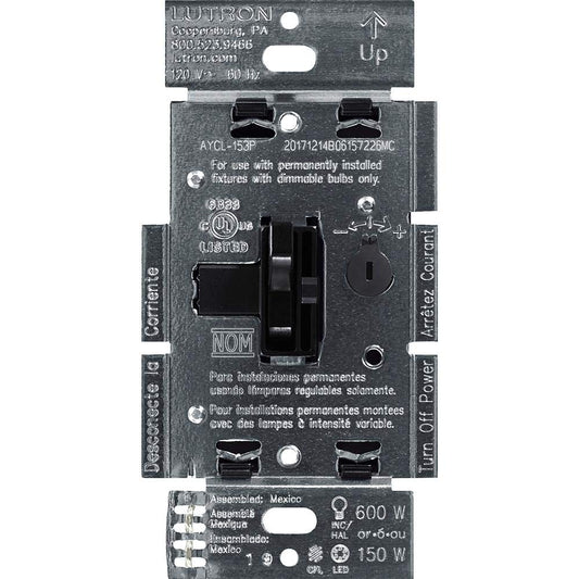 Lutron Ariadni/Toggler LED+ Dimmer Switch for Dimmable LED, Halogen and Incandescent Bulbs, 150 Watt, Single-Pole or 3-Way, AYCL-153P-BL, Black