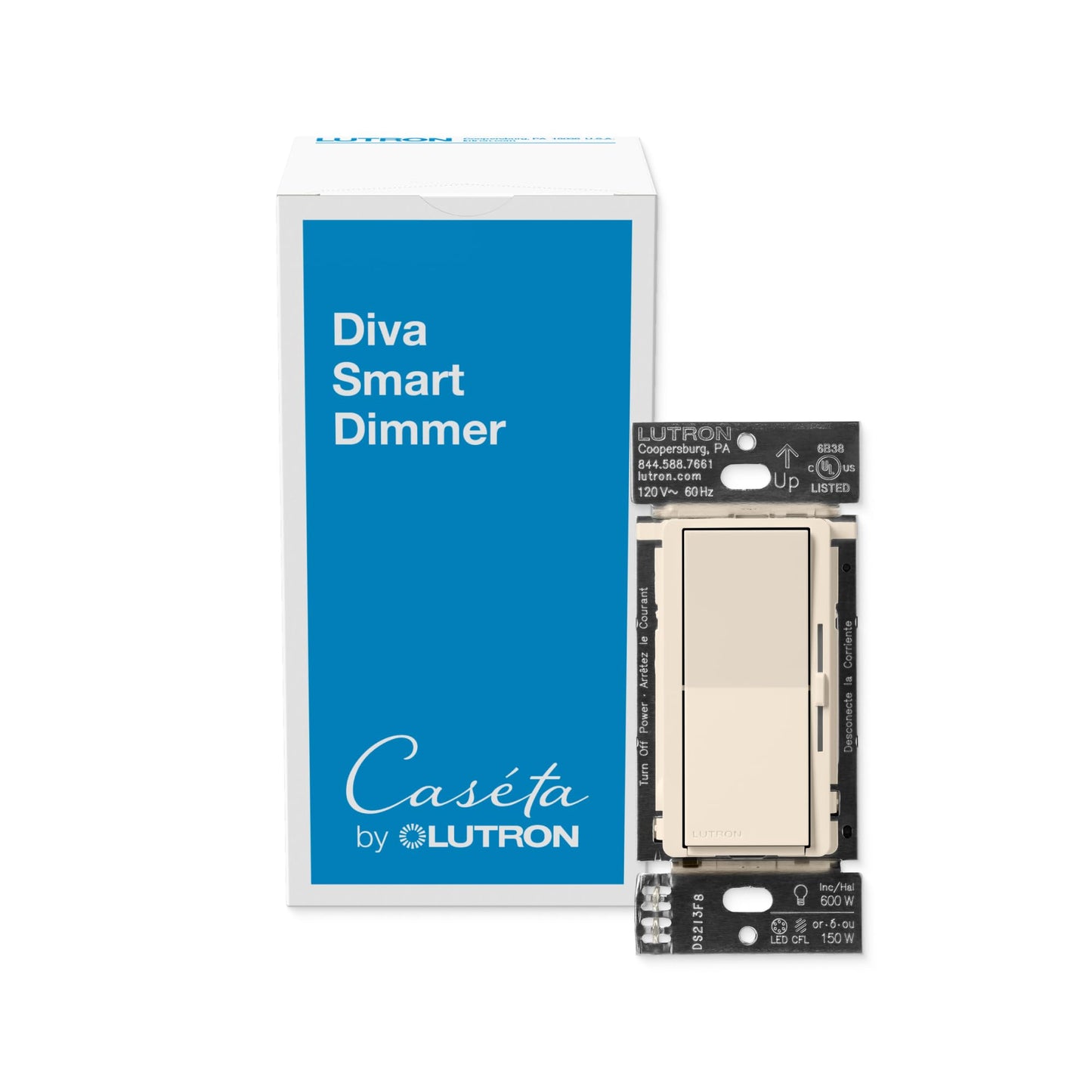 Lutron Diva Smart Dimmer Light Switch for Caseta Lighting (Lutron Smart Hub Required), for LED Lights, 150W, Single-Pole/3-Way, No Neutral, Light Almond (DVRF-6L-LA)