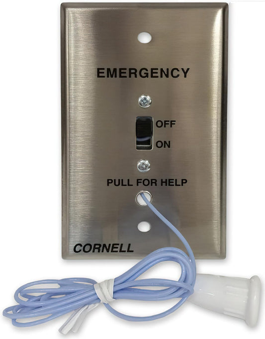 Alpha Communications E-114-1 Emergency Pull Cord Station; Stainless Steel Faceplate; Call Cancel Only at Point of Origin; Simple Operation; 6-Foot Long Nylon Cord; Pigtail Wire Connectors