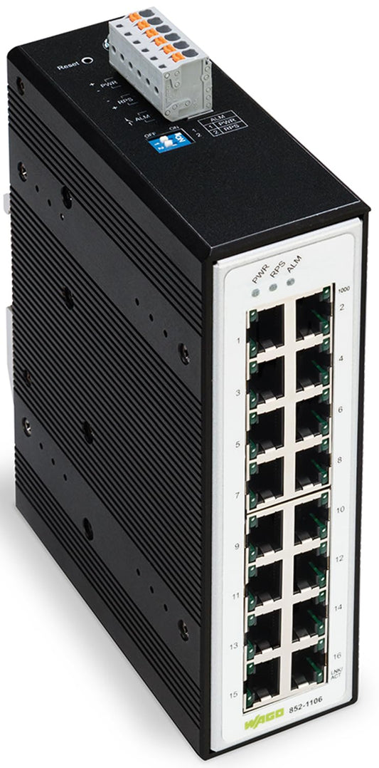 WAGO Industrial Switch 852-1106, with 16 10/100/1000 Mbit/s ETHERNET Ports Autonegotiation and Front-Panel Diagnostic LEDs, Supports up to 8000 Absolute MAC Addresses